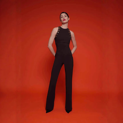 European and American foreign trade high-end boutique women's jumpsuit sleeveless high waist round neck slim figure flared pants