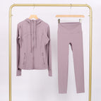 Dark purple hooded steel-printed jacket and nine-point pants suit / 2/S