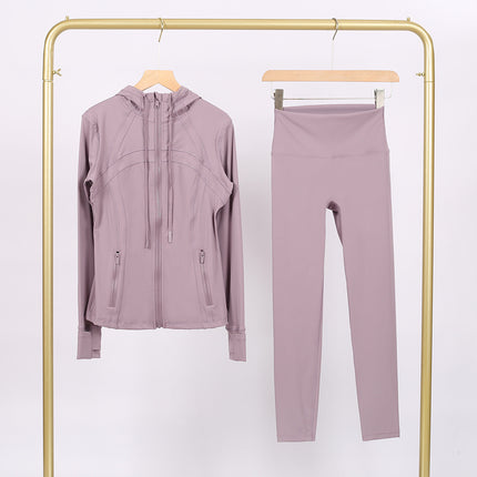 Lulu Df Stamped Hooded Jacket and Cropped Pants Set, Tight-Fitting Stretch Jacket with Gold Zipper, Fitness Yoga Outfit