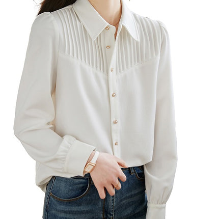 French Style Organ Pleated White Shirt Women's 2025 Spring Long Sleeve Design Sense Niche Chic Top Elegant Shirt