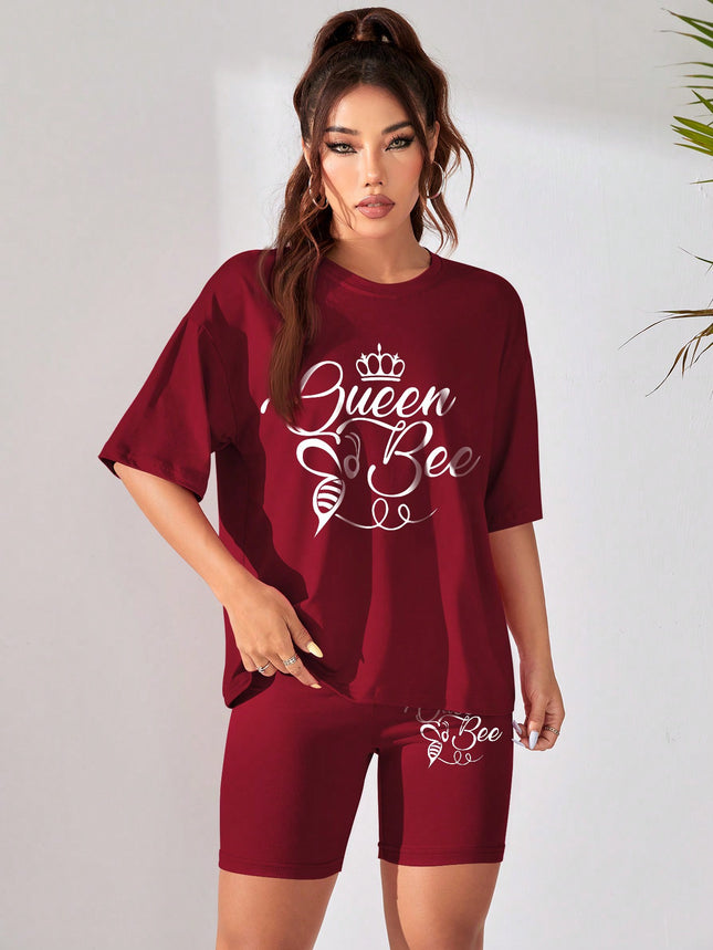 Cross-border Wine Red Fashion Small Crown Print All-match Short-sleeve Shorts suit