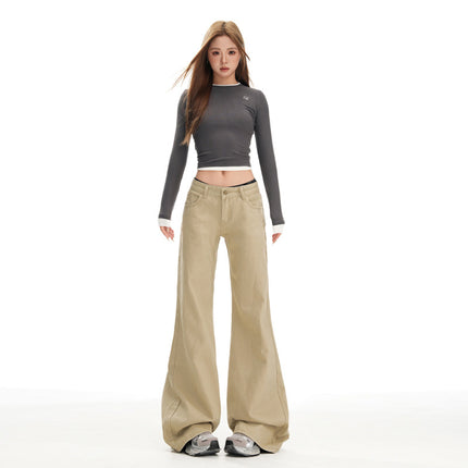 Hot Girl Retro Khaki Low-Waist Non-Leg-Fitting Boot-Cut Pants for Women New Slimming Look Slimming Look Floor-Length Jeans for Women