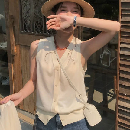 New Classic Smiley Face Embroidered Seal Linen Blended Knitted Threaded V-Neck Cool Feeling Extra Tight Waist Sleeveless Horse Clip