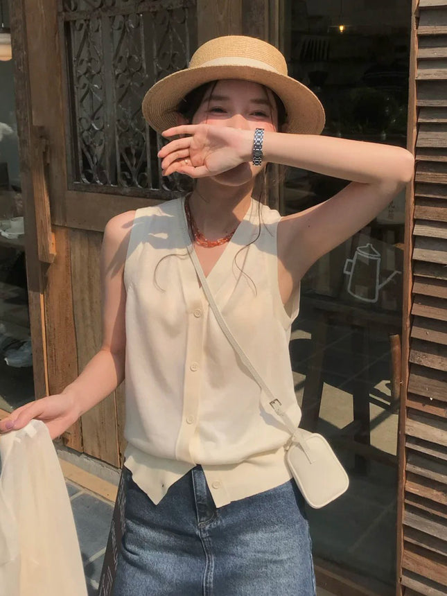 New Classic Smiley Face Embroidered Seal Linen Blended Knitted Threaded V-Neck Cool Feeling Extra Tight Waist Sleeveless Horse Clip