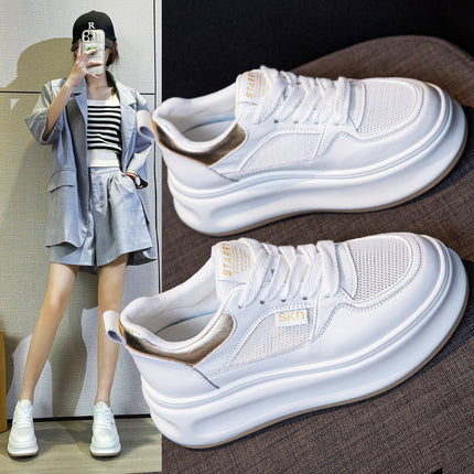 Women's White Sneakers with Hidden Height Increase, 2026 Summer Thin Mesh Breathable Sports Casual Sneakers, Popular Genuine Leather Platform Shoes