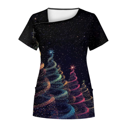Cross-Border Aliexpress Amazon Women's Short-Sleeved Christmas Positioning Printed Flap Pocket Pants Top Scrub Clothes T-Shirt