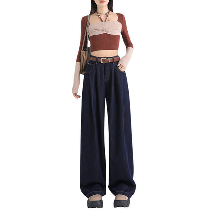 Korean Style Pleated Loose Wide Leg Jeans Women's 2024 Autumn New High Waist Drape Slimming All-match Straight Pants