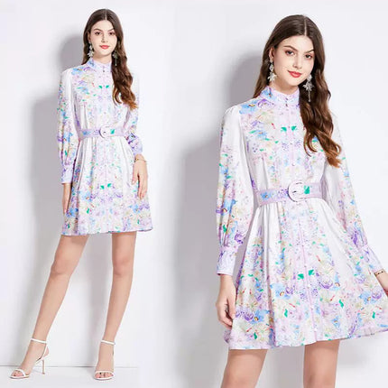 Royal sister fan cross-border 2024 early spring retro court style stand collar single-breasted lantern sleeve waist slimming dress