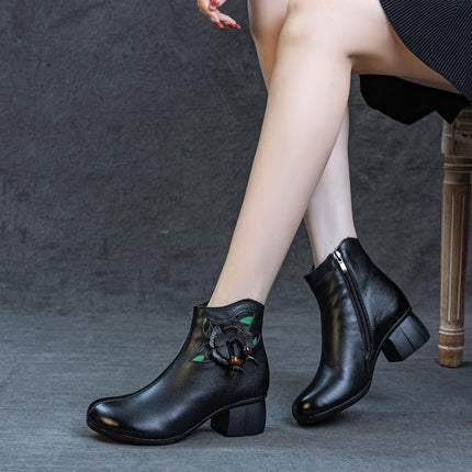 Genuine Leather Boots for Women 2025 Autumn and Winter New Style Thick Heel Soft Sole Fleece-Lined and Cotton Short Boots First Layer Cowhide Flower Women's Boots
