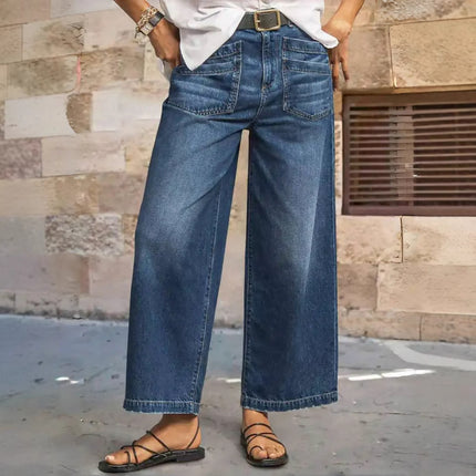 European and American Cross-Border Elastic Mid-Waist Wide-Leg Plus-Size Jeans Retro Washed Hem Brushed Pocket Cropped Pants