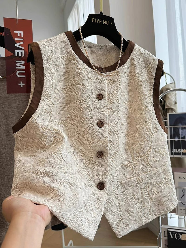 Super Good-looking Light Luxury Chanel Style Lace Outer Wear Round Neck Sleeveless Vest Women's Spring and Autumn Waistcoat Top