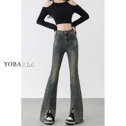 Pear-Shaped Figure Retro Distressed Flared Slit Jeans for Women, Spring and Autumn, Plus Size, High-Waisted, Slimming, Flared Pants