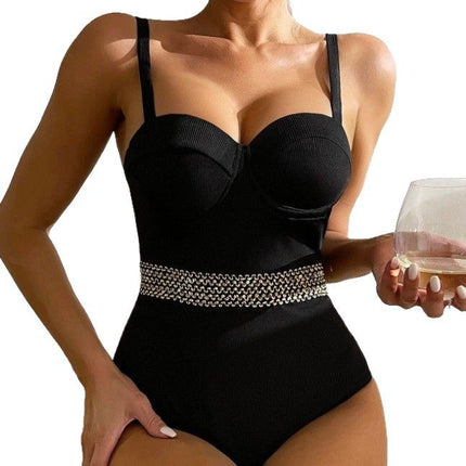 European and American high luxury gold-edged one-piece swimsuit hard bag shoulder strap adjustable one-piece bikini sexy women's hot spring swimsuit