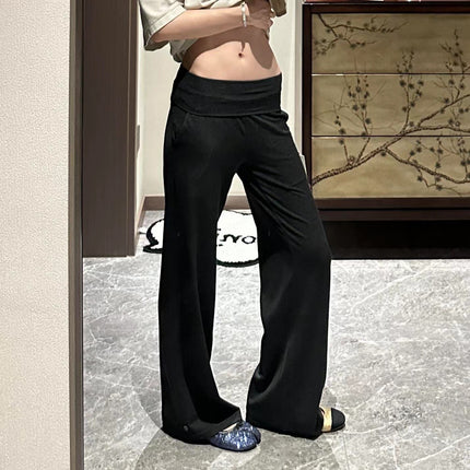Unique Ra* Walking Foldable Waistband Knit Loose Flared Skirt Pants for Women Summer Drape Floor-Length Casual Trousers
