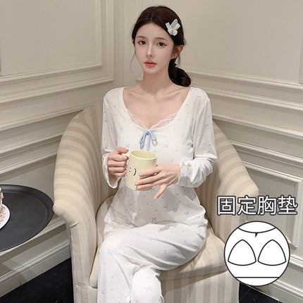 [D] New Spring Long Sleeve Comfortable Draped Bow Lace suit Home Clothes Women's Pajamas