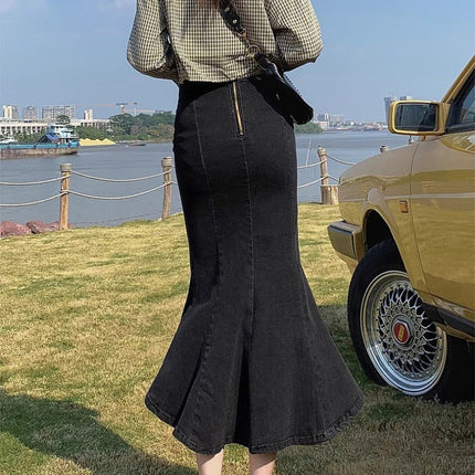 Black Grey Denim Skirt Women's Trendy All-match New Design Sense Niche Hip Fishtail Split Half Skirt