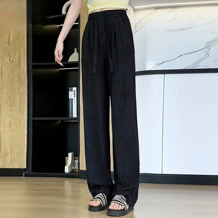 Summer Thin Tie-Dye New Ice Silk Wide-Leg Women's Pants High-Waisted Drape Drawstring Lazy Casual Floor-Length Straight Pants