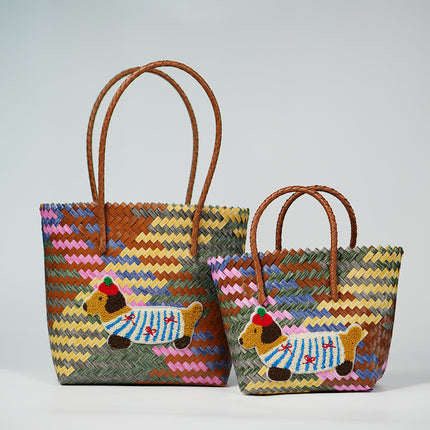 Dachshund Puppy Vegetable Basket Woven Bag Work Commuter Bag Portable Vegetable Basket Rattan Beach Bag Colorful Bag