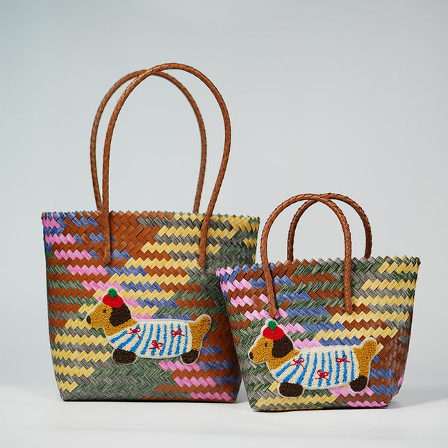 Dachshund Puppy Vegetable Basket Woven Bag Work Commuter Bag Portable Vegetable Basket Rattan Beach Bag Colorful Bag