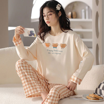 Spring and Autumn Imitation Cotton Pajamas Women's Long-sleeved suit Summer Round Neck Less Women's Home Clothes Cute Cartoon Outer Wear