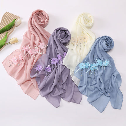 Cross-border Malaysia Scarf Ouruo Wind Nail Rhinestone Flower Chiffon Scarf Solid Color Turban Scarf Women Wholesale