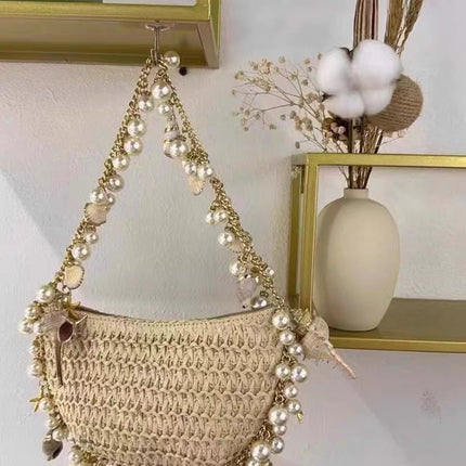 Spring and Summer 2025 New Fairy Pearl Conch Straw Bag Portable Crossbody Bag Small Mobile Phone Bag Hot Girl Y2K Trendy