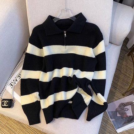 Mall Withdraws 2025 Spring and Autumn Korean Version Polo Collar Striped Sweater for Women, Loose Retro Knitwear Trend