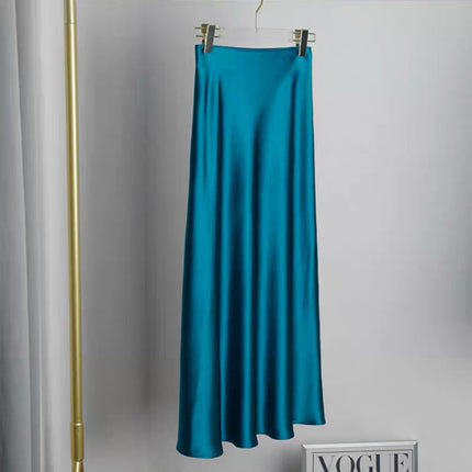 Elastic Waist Triacetate Skirt for Women Peacock Blue Short Mid-Length Slim Elegant Ol Draped Fishtail Aa Version