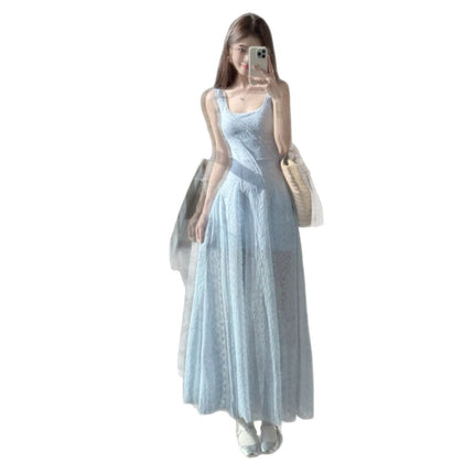 French Blue Square Neck Suspender Dress for Women Summer Seaside Vacation Elegant High-End Waist Slimming Fluffy Long Skirt