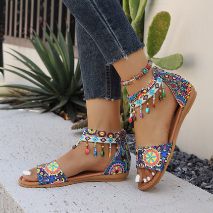 Roman Women's Sandals New Beaded Back Zipper Bohemian Flat Sandals