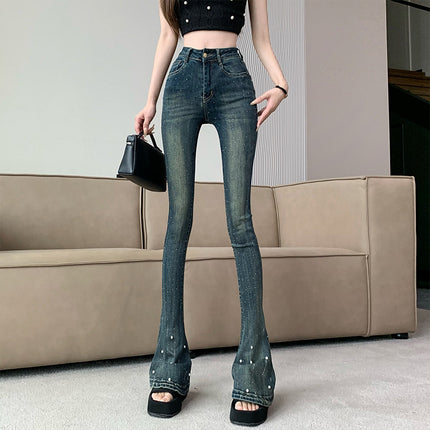 American Style Retro Horseshoe Jeans Women's Heavy-duty Beaded Hot Rhinestone High Waist Pants Stretch Tight-fit Mop Pants