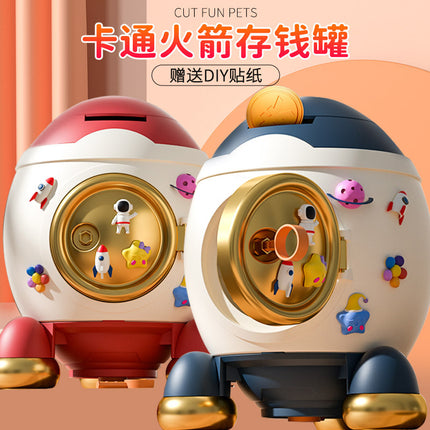 Children's Cartoon Rocket Piggy Bank with Large Capacity, Saveable and Removable Piggy Bank with Key, Cute Ornament, Supermarket Toy