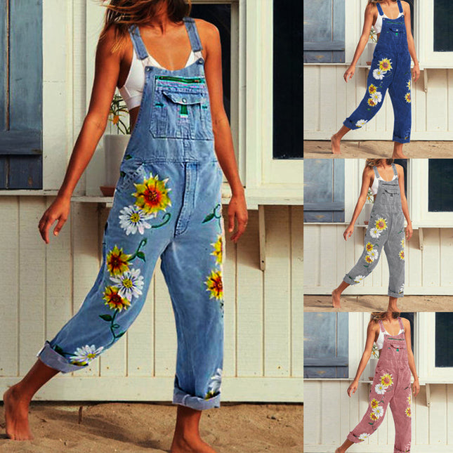 2026 Cross-Border European and American Women's Fashion Wish Amazon Foreign Trade Women's Printed Suspender Pants Denim Overalls European and American Style