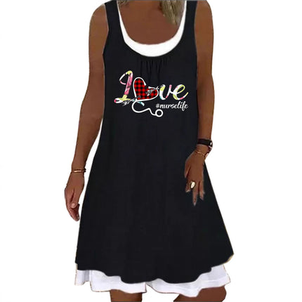 In-Stock 2025 European and American Style Aliexpress Wish Independent Site Fashion Casual Heart Print Faux Two-Piece Sleeveless Dress