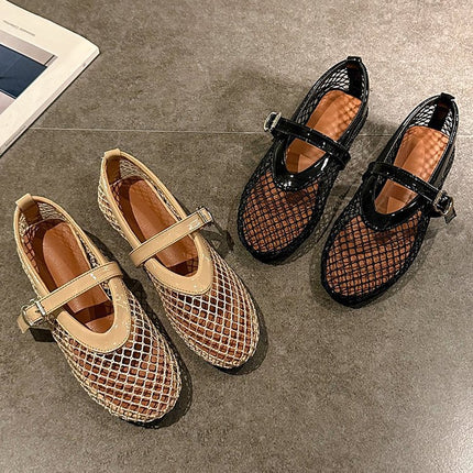 Ballet Shoes Women's Flats Hollow Out Mary Jane Single Shoes Fishnet Shoes 2025 Summer New Sandals Women Mesh Shoes