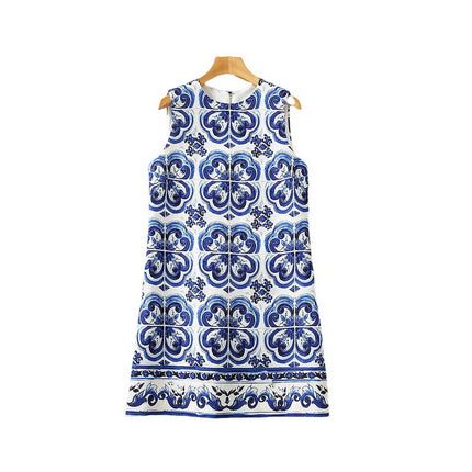 XXL Blue and White Porcelain Refreshing Short Skirt chubby girl Loose Slimming Vest dress Southeast Asian Fashion Women's Clothing