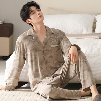 [40-Count Lycra Cotton] Men's Spring and Autumn Long-Sleeve Pure Cotton Large Size Pajamas, Suitable for Home Wear and Can Be Worn Outside