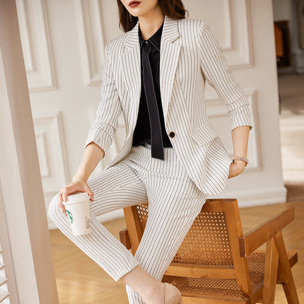 Autumn Viscose Commuter Loose Elegant Pants Suit Striped Small Suit Green Long Sleeve Elegant Commuter Women's Clothing