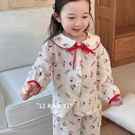 Princess Style Children's Lapel A-Class Cartoon Loungewear Set 2026 Spring New Baby Sweet and Cute Pajamas and Sleep Pants