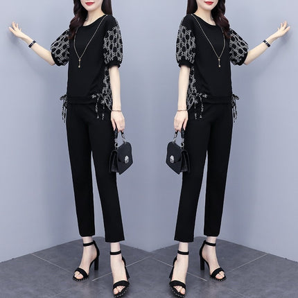 Summer New Large Size Women's Clothing Fashion Stitching Trendy Printed Clothing New Casual Elegant Short-sleeved Cropped Pants Two-piece Set
