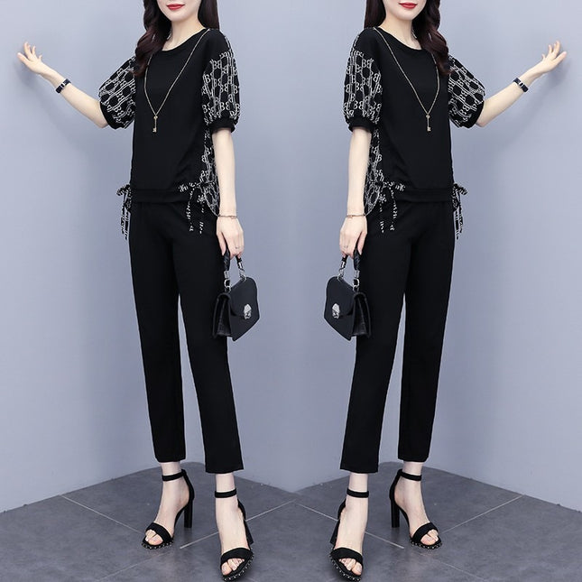 Summer New Large Size Women's Clothing Fashion Stitching Trendy Printed Clothing New Casual Elegant Short-sleeved Cropped Pants Two-piece Set