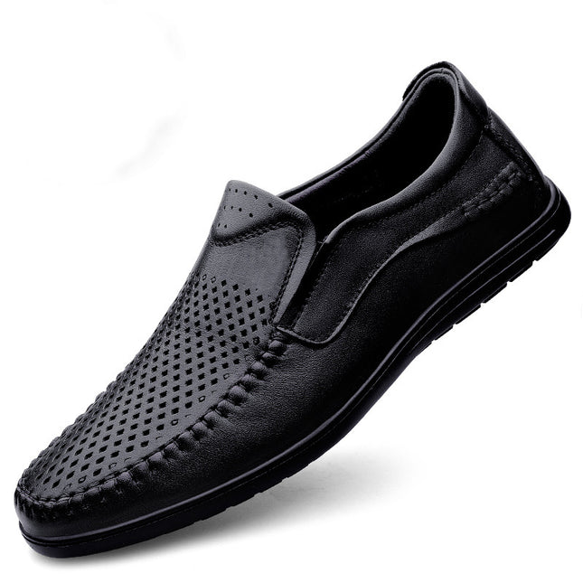 2024 spring new men's casual leather shoes first layer cowhide punching flat leather shoes lightweight peas shoes hollow shoes