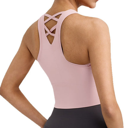Spring and Summer Thick Antibacterial Vest-Style Sports Bra, Shaping Yoga Underwear, Hollow-Out Beautiful Back, Fixed Cup Fitness Wear for Women