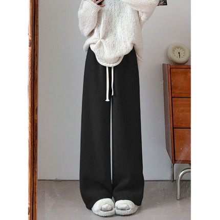 Blue Knitted Wide-Leg Pants for Women, Spring and Autumn 2025 New Style, High-Waisted Casual Straight Narrow Version, Mink Fur Fleece-Lined Glutinous Rice Pants