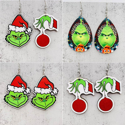 Cross-border new European and American Christmas Grinch wooden earrings green fur strange Christmas gift drop wooden earrings earrings
