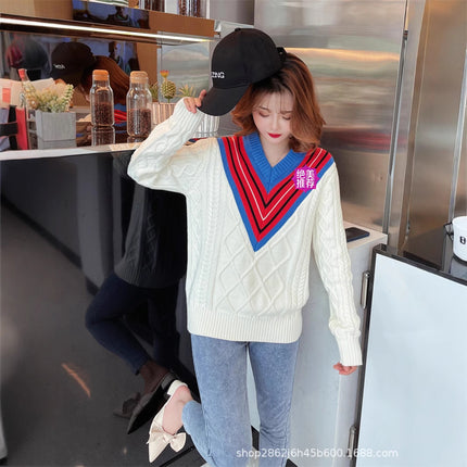 New Style Sweater with Contrasting Color Pullover, V-Neck, Cable Knit, Preppy Style, Unisex