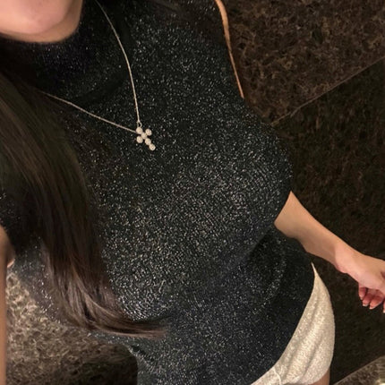 Korean Dongdaemun Elegant Slim Fit Versatile Sexy Figure-Flattering Half-High Collar Sleeveless Knit Top for Women