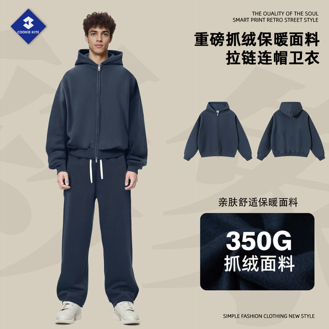 Cai Xiang Island Men's Boxy Fit Heavyweight Hoodie 350g Fleece Hoodie Double Zipper Sweatshirt for Men