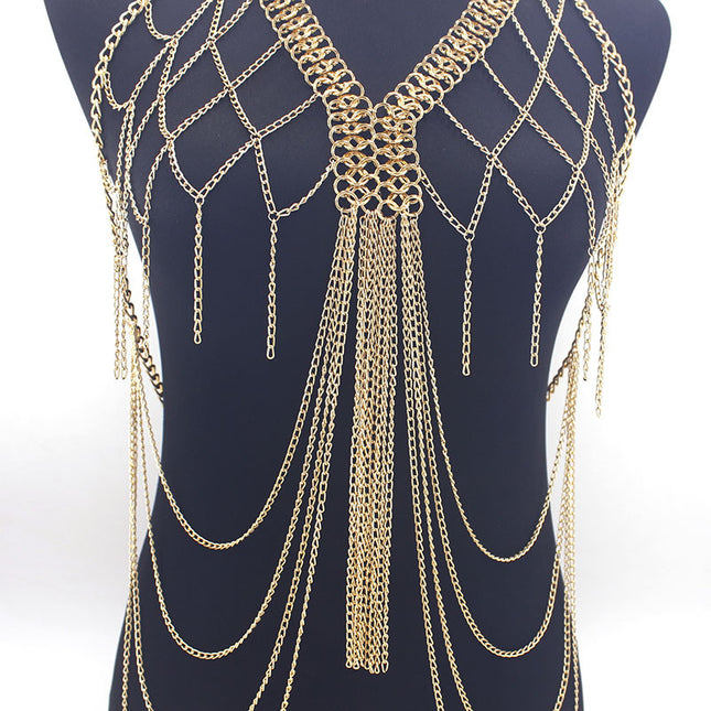 European and American Cross-Border Jewelry Women's Metal Mesh Cut Out Tassel Multi-Layer Chest Chain Nightclub Performance Fashion Clothing Accessories