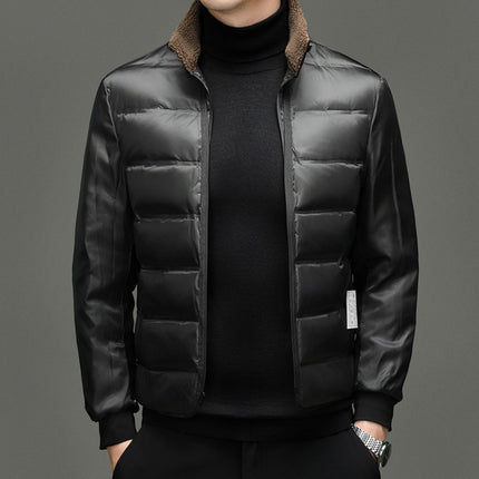 Men's Stand-Up Collar Leather Jacket Autumn and Winter Removable Liner Warm and Stylish Zipper Jacket Trendy Tops for Young and Middle-Aged People